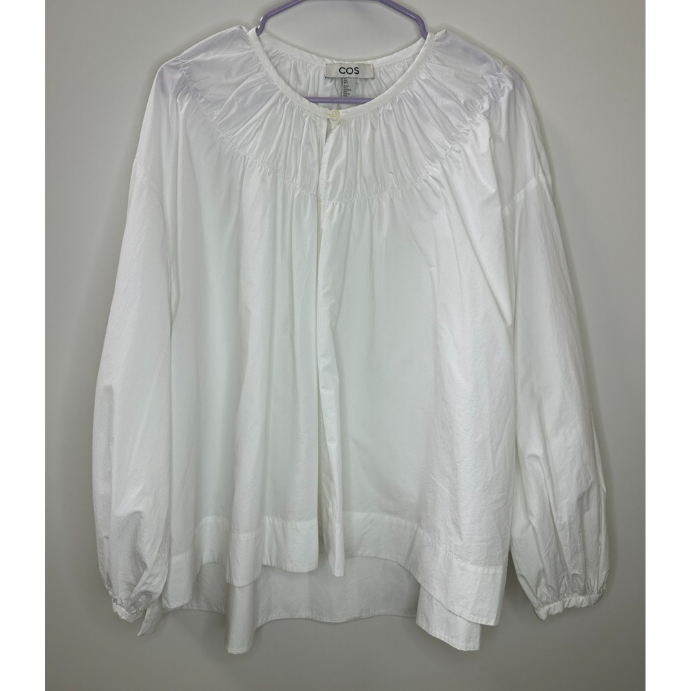COS White Cotton Poplin Oversized Gathered Neckline Blouse Large Popover Top - Picture 12 of 12